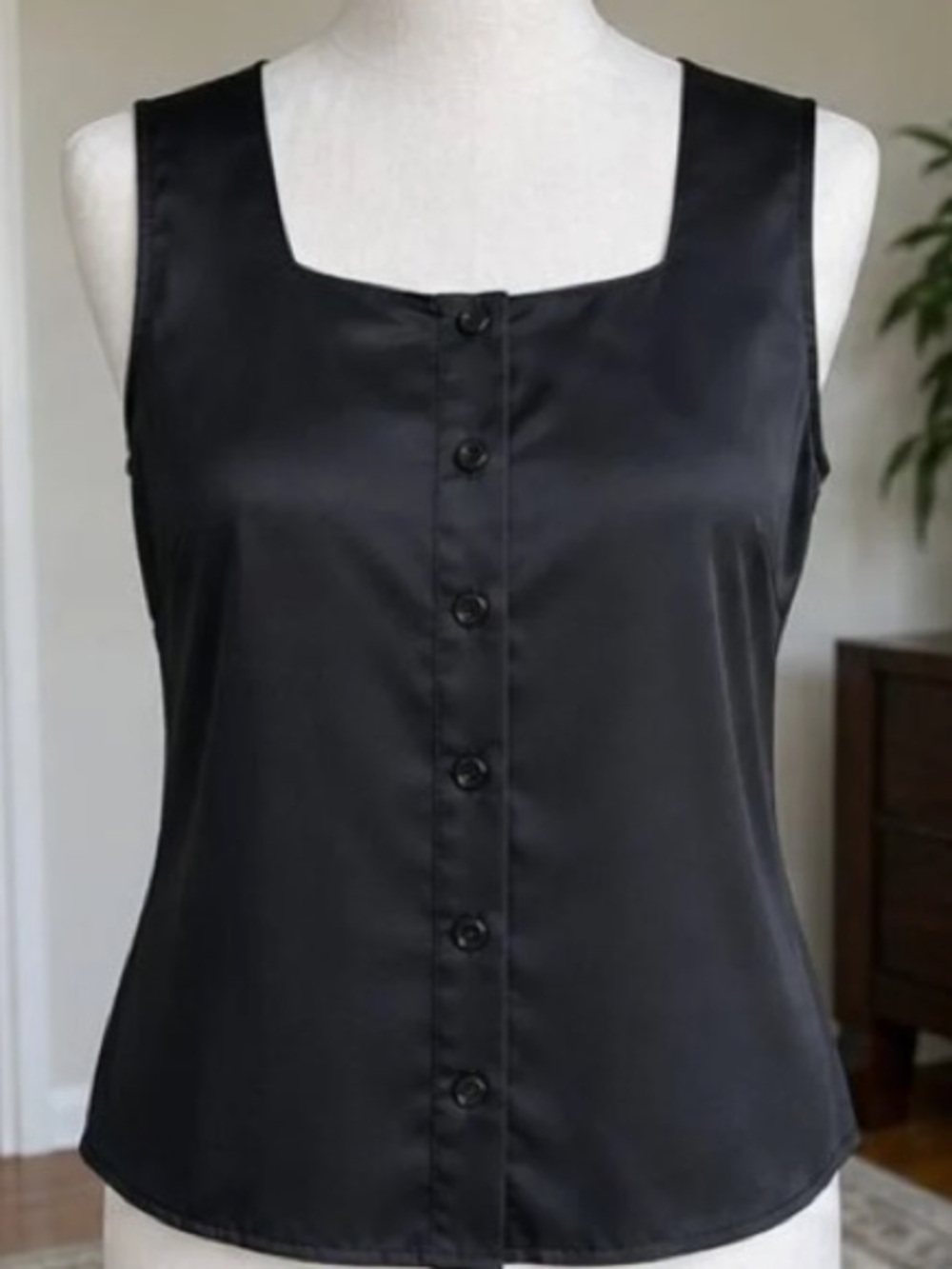 Black Satin Button-Front Women's Tank Top